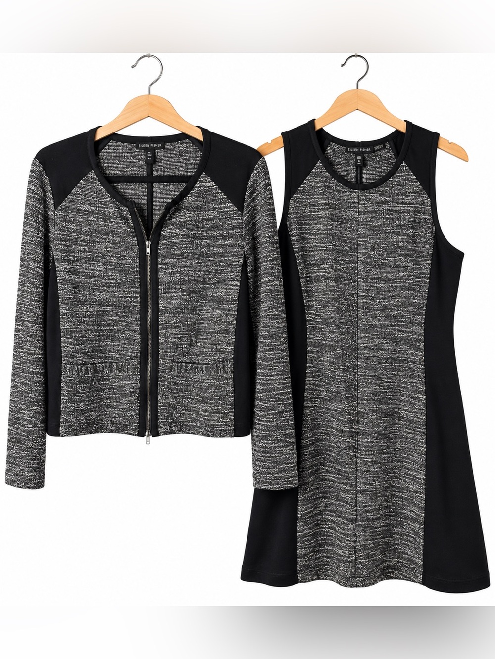 Eileen Fisher Black Gray Knit 2 Piece Dress Jacket Set Medium Zip Front Suit